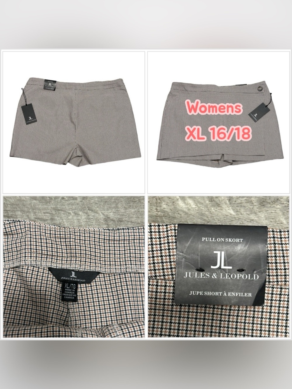 Women’s Jules & Leopold XL Career Skort Attached Short Skirt Plaid Check Stretch